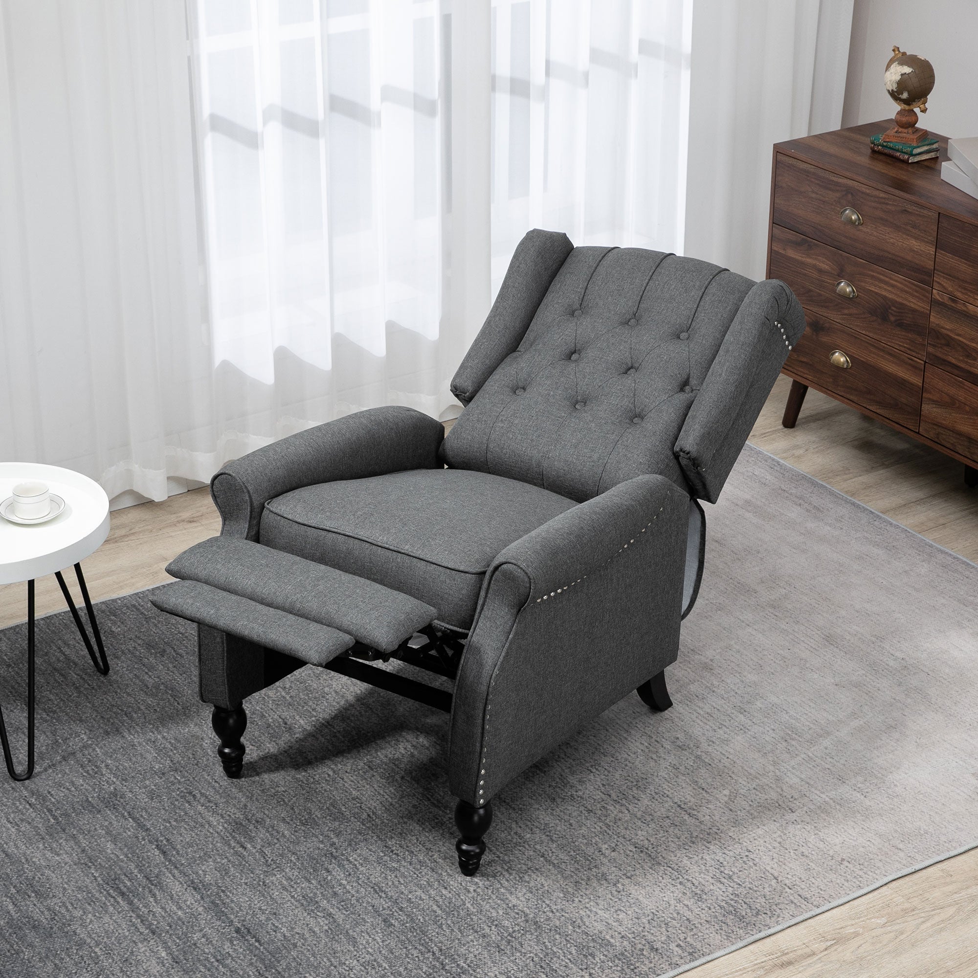 HOMCOM Manual Reclining Sofa, Fabric Push Back Recliner Chair with Button Tufted Backrest, Nail Head Trim, Armrest, Dark Gray 