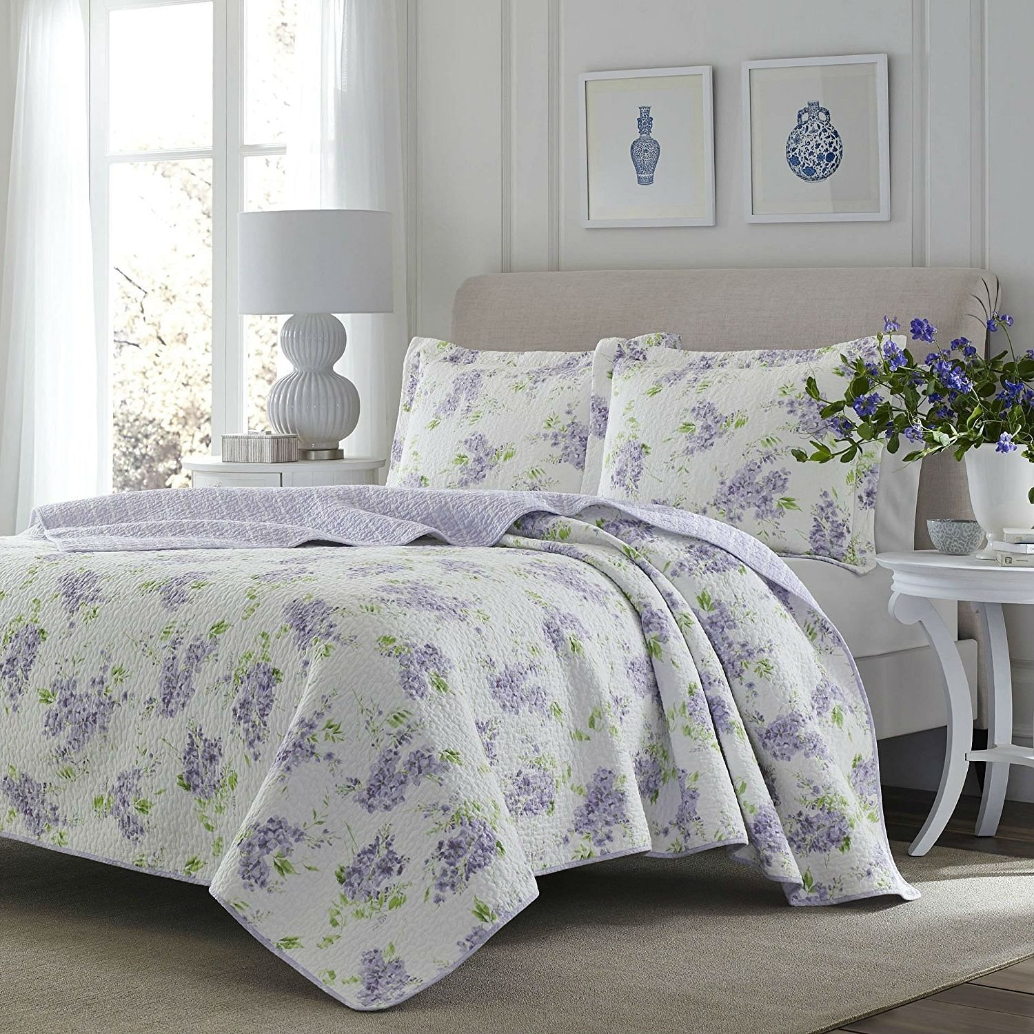 Full / Queen size 3-Piece Cotton Quilt Set with White Purple Floral Pattern - Free Shipping 