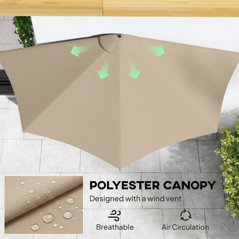 9.8ft Half Umbrella Semi Round Patio Parasol with Crank Handle, Top Vent for Garden, Balcony- NO BASE INCLUDED, Coffee