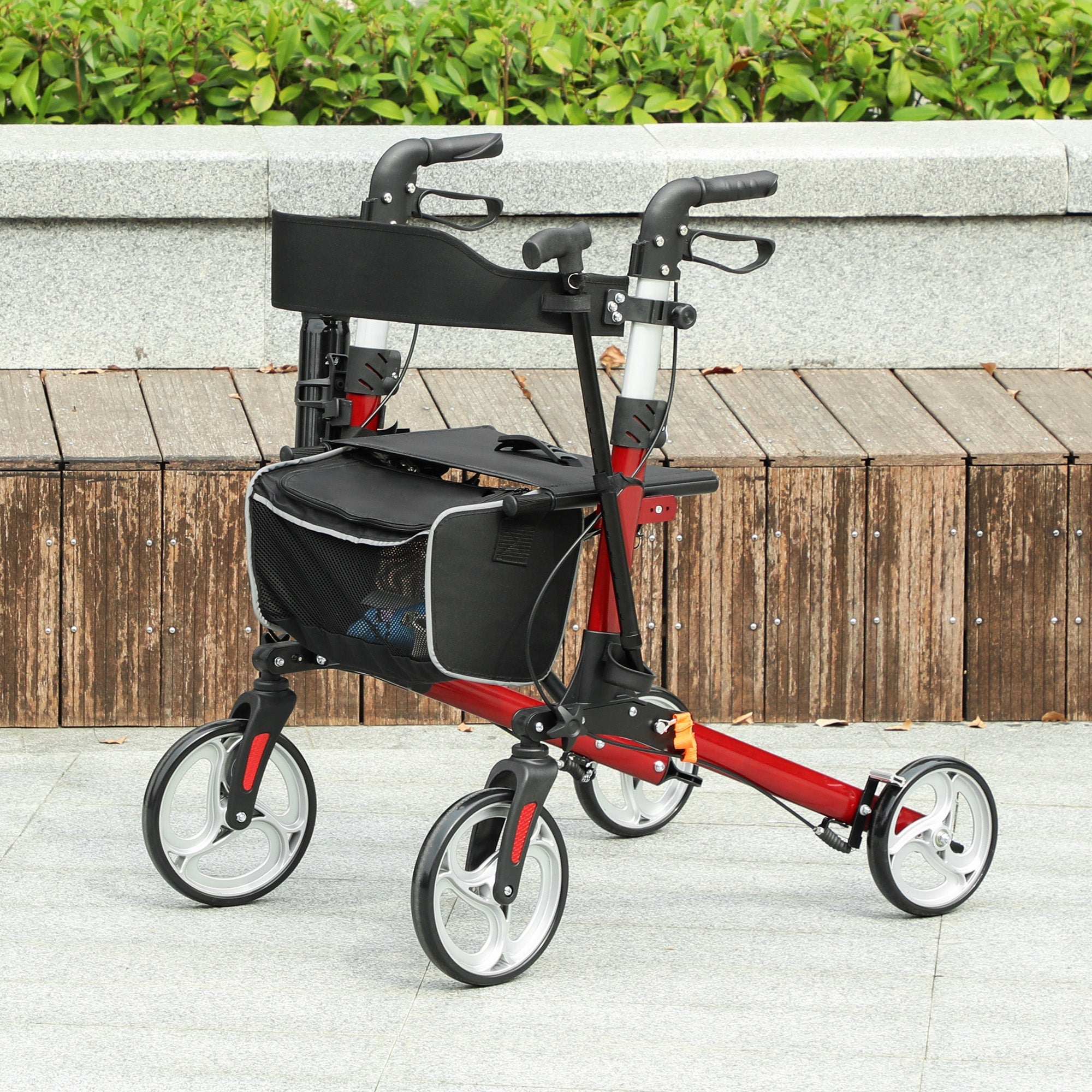 HOMCOM Lightweight Folding Rolling Walker with Large Seat, Back, Adjustable Handle, Bag, Dual Brake, Cane Holder, Red 