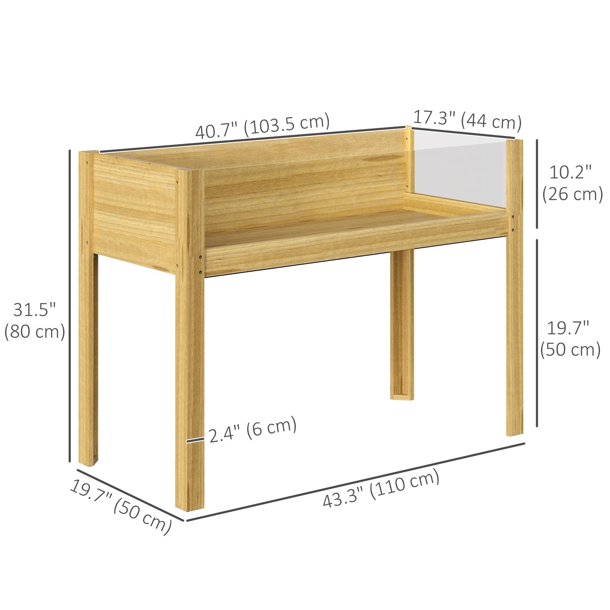 Outsunny Wooden Raised Garden Bed with Acrylic Panels, Raised Planter Box with Drainage Holes, 43.3" x 19.7" x 31.5" 
