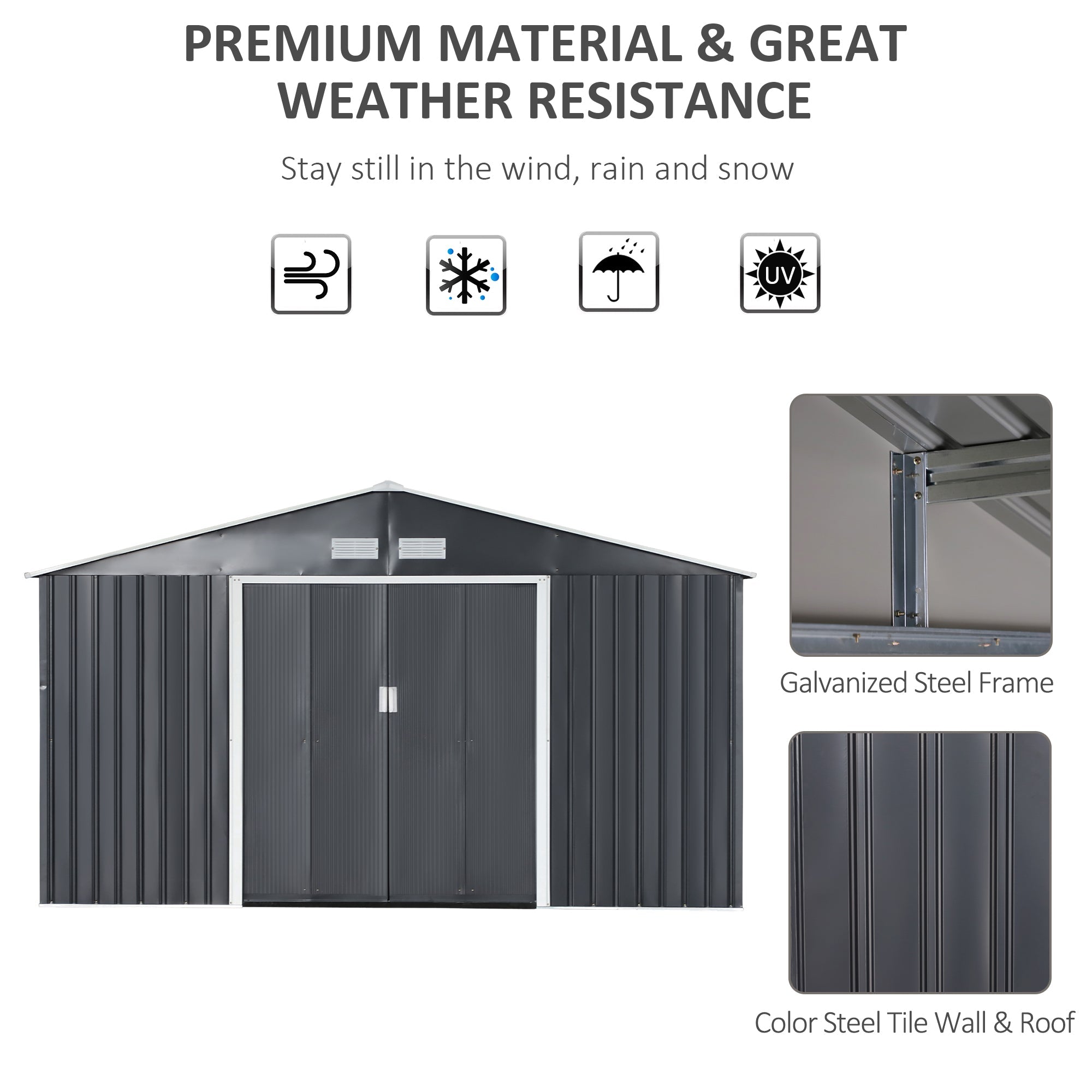 Outsunny Spacious Garden Shed 11.2ft x 12.5ft with 4 Vent Slots, Double Doors, Durable Storage - Grey 