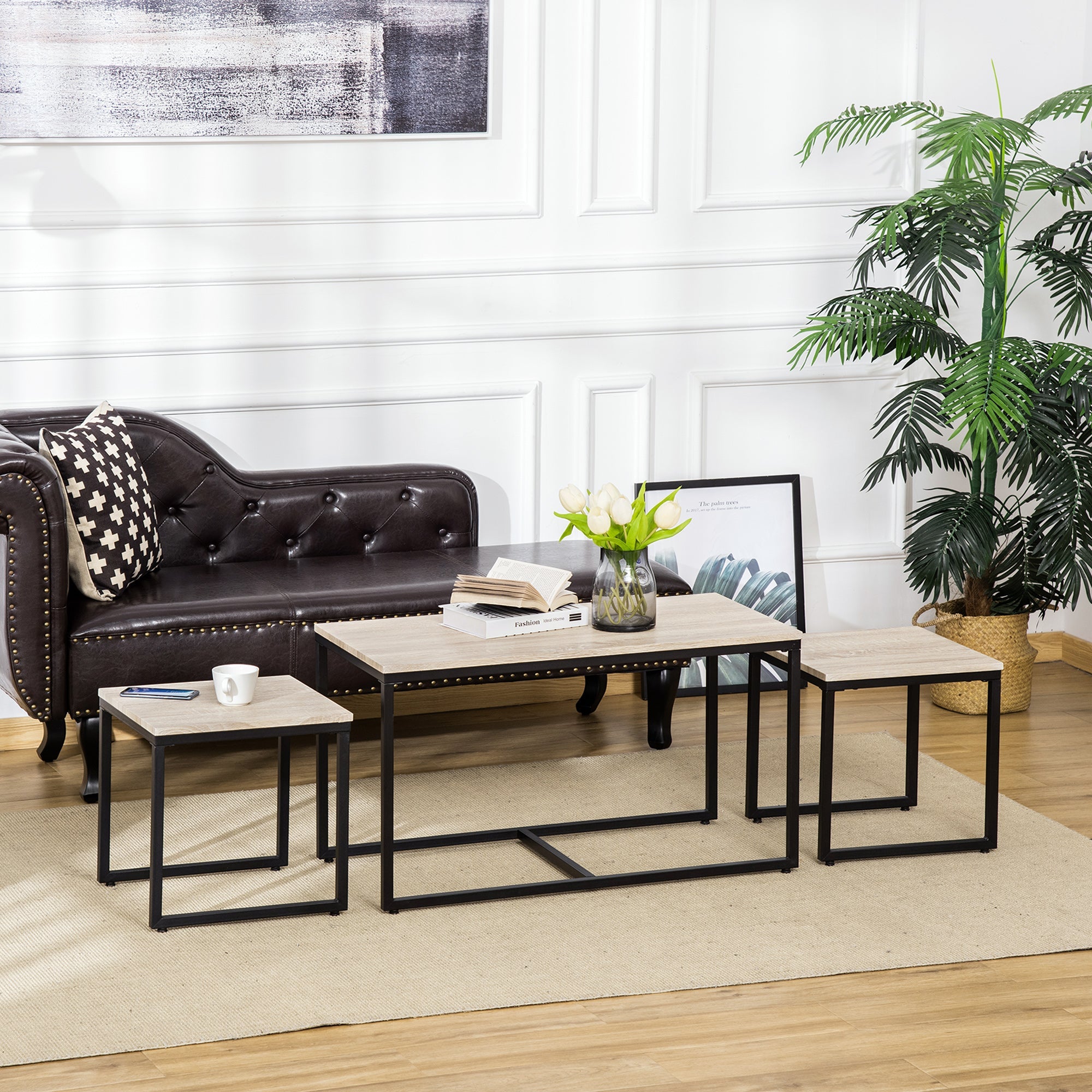 Homcom Natural Nesting Coffee Tables: Contemporary Set of 3 with Black Metal Frame for Stylish Living Room 