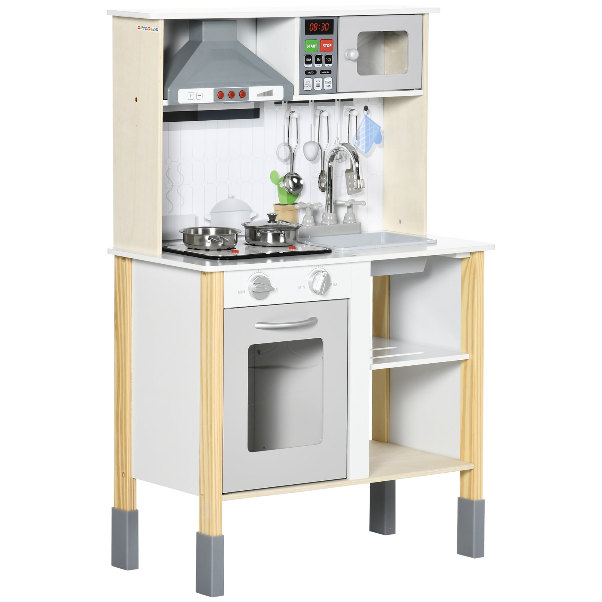Qaba Interactive Wooden Kitchen Set for Kids - Realistic Lights, Sounds, Adjustable Height, Complete with Microwave and Hood 