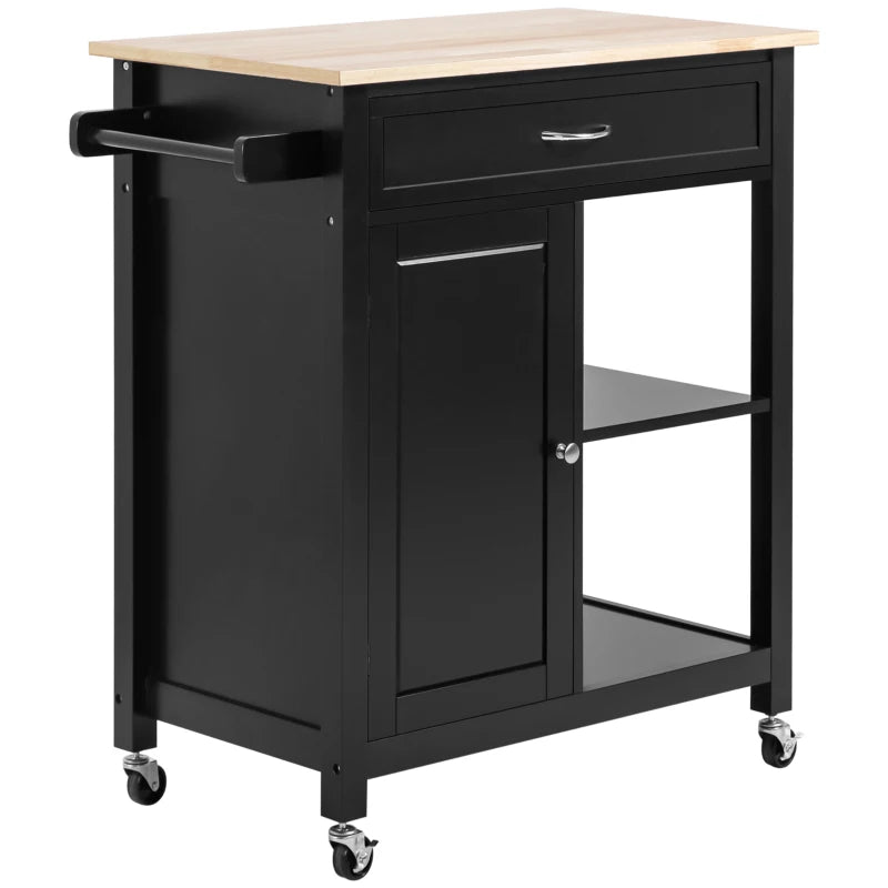 Rolling Kitchen Cart with Wood Top and Drawer, Kitchen Island on Wheels for Dining Room, Black | Aosom Canada
