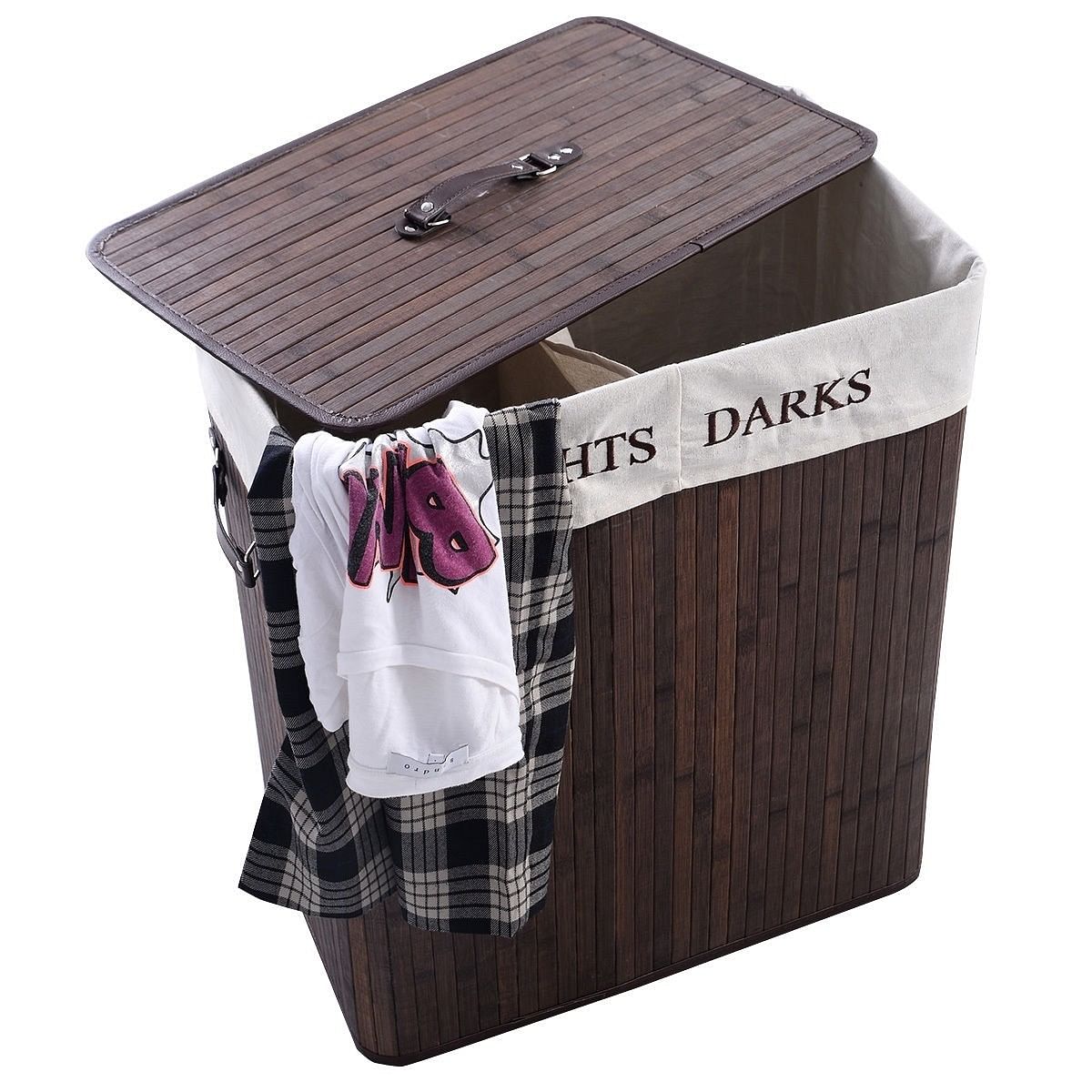 Folding 2-Bin Brown Bamboo Laundry Hamper with Handles - Free Shipping