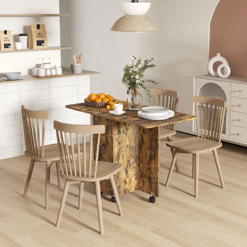 Drop Leaf Dining Table, Mobile Folding Table on Wheels with Drawers and Cabinet for Dining Room, Kitchen, Rustic Brown