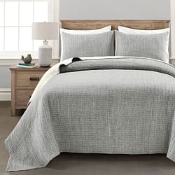 King Size 3-Piece Reversible Cotton Yarn Woven Coverlet Set in Grey Cream - Free Shipping 