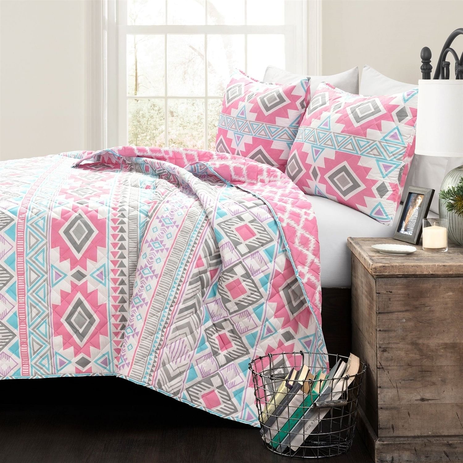 Twin Southwest Indian Style Polyester Pink Blue Striped Reversible Quilt Set - Free Shipping