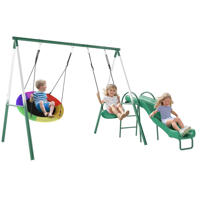 Qaba Metal Swing Set with Slide, Saucer Swing Seat, Heavy Duty A-Frame Stand and Adjustable Rope for Backyard, Dark Green
