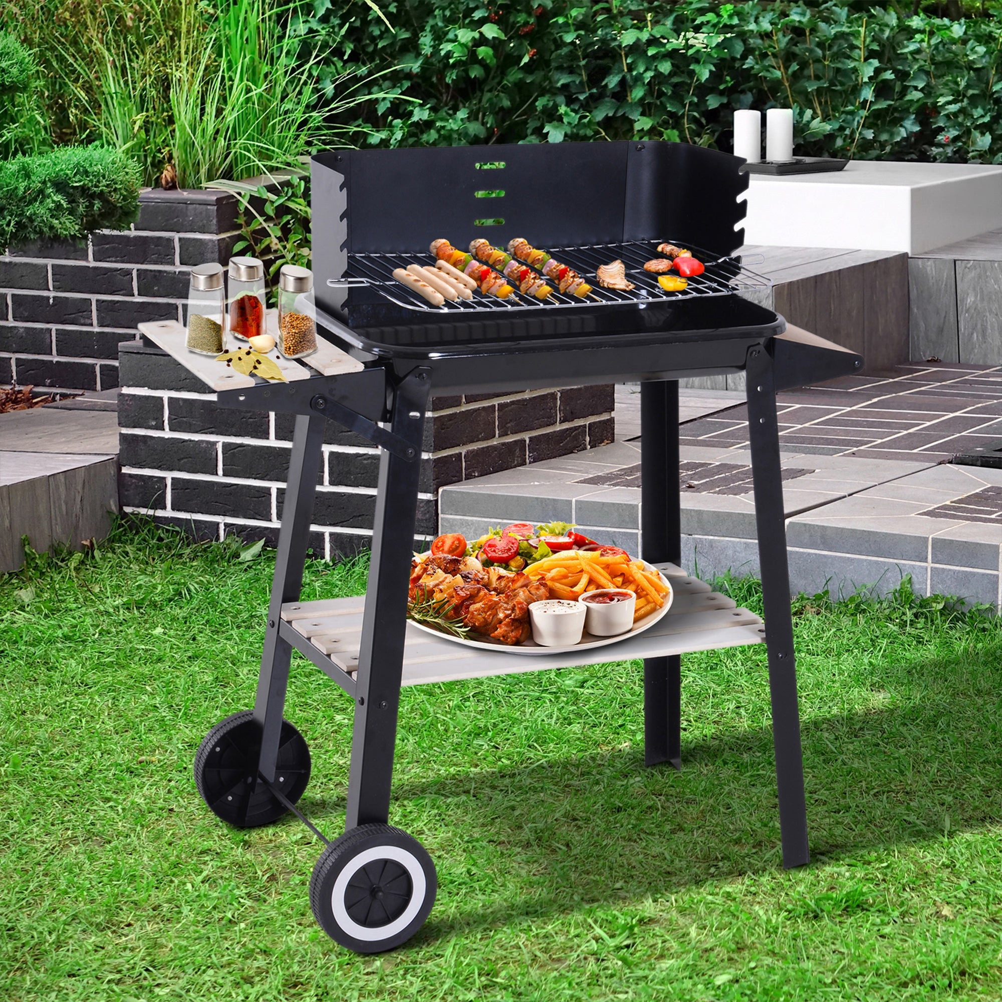 Outsunny Charcoal BBQ Grill Trolley with Side Trays & Storage - Outdoor Patio Garden Smoker, Heating, Portable with Wheels 
