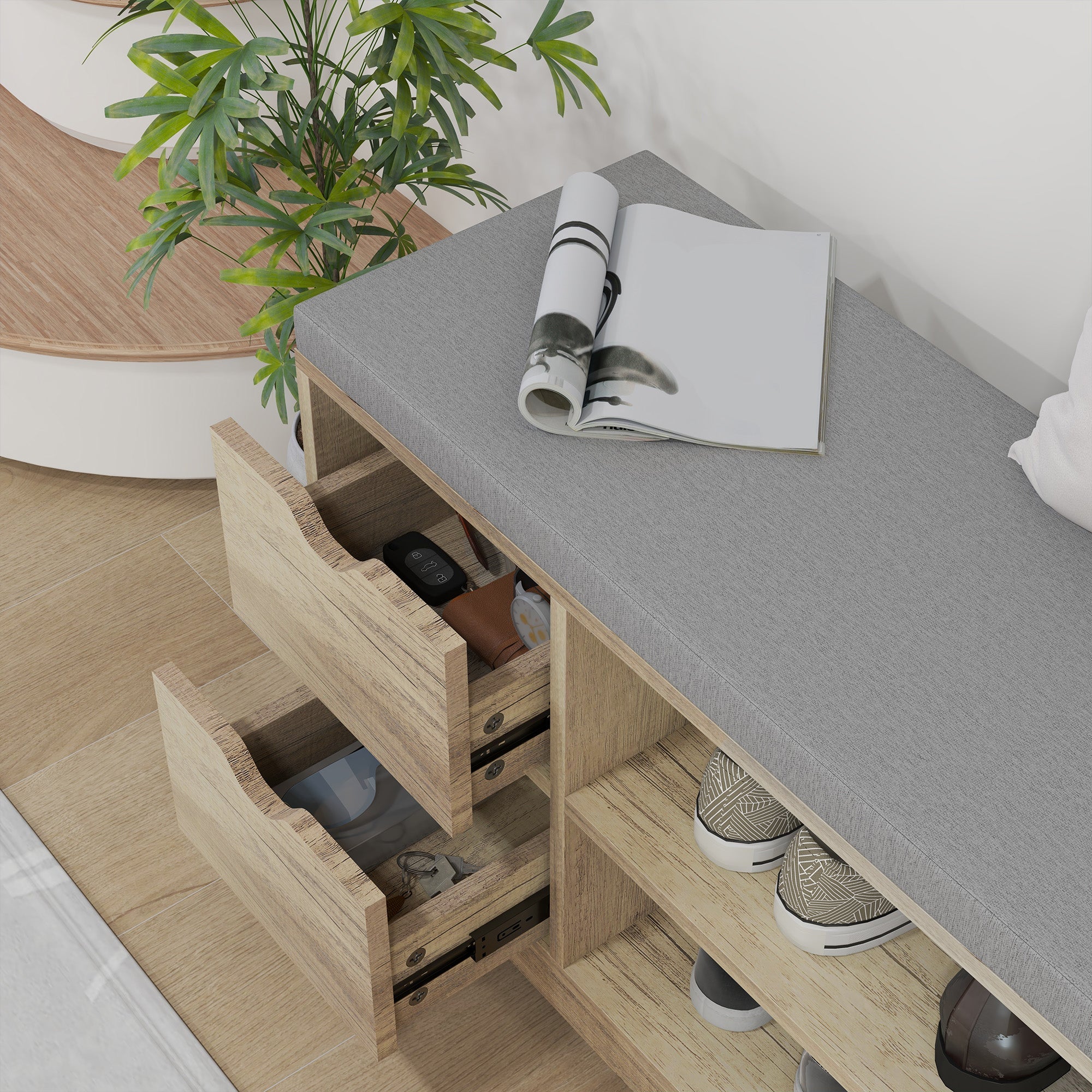 HOMCOM Upholstered Shoe Storage Bench w/ Seat, Entrance Bench w/ Drawer Open Shelves and Pocket for Hallway, Grey 