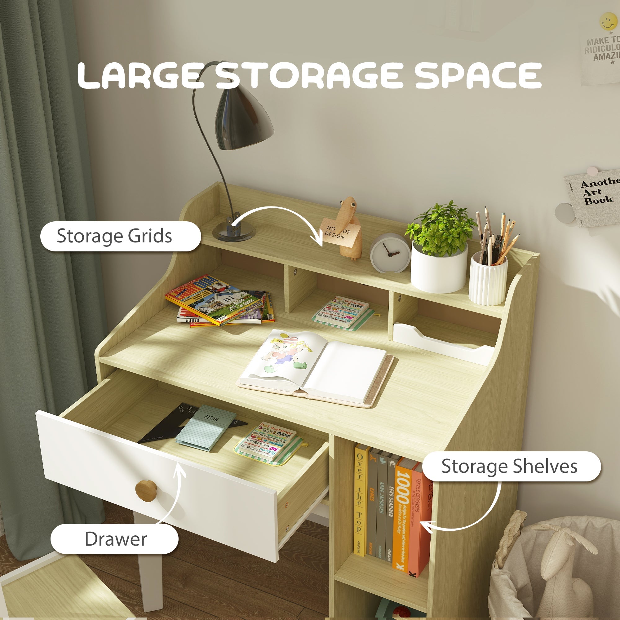 Qaba Kids Desk and Chair Set with Storage Shelves, Drawer, for 3-10 Years, White 