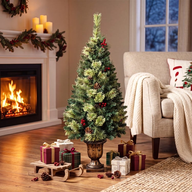 4 Feet LED Christmas Tree with Red Berries Pine Cones and 100/180/260 Branch Tips