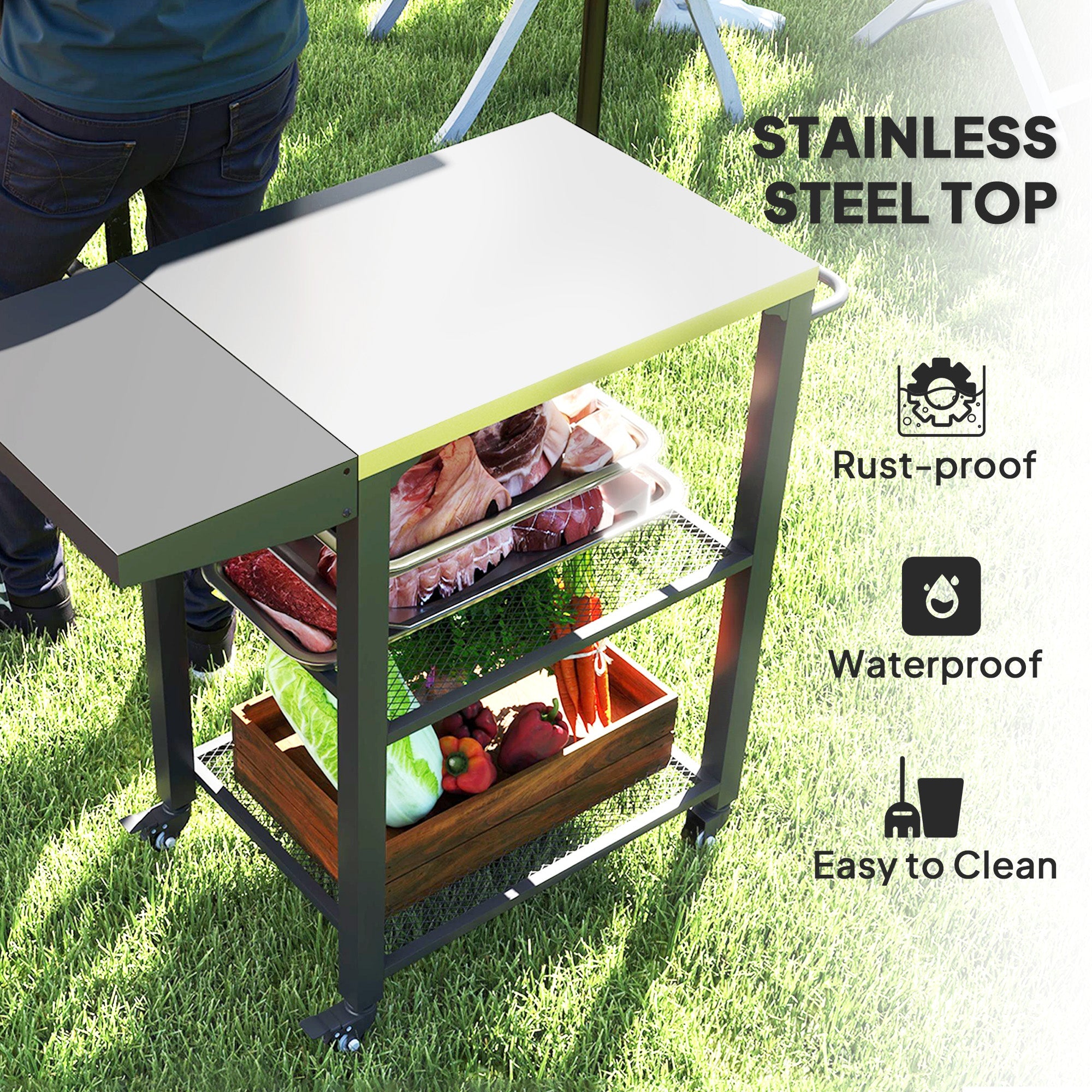 Outsunny Outdoor Grill Cart w/ Foldable Side Table, 3-Tier Pizza Oven Stand w/ Stainless Steel Tabletop, Hooks, Wheels 