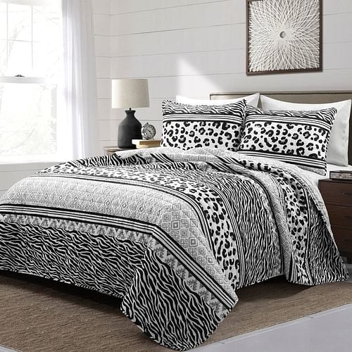 Full/Queen size Animal Print Black White Lightweight Reversible Quilt Set - Free Shipping 