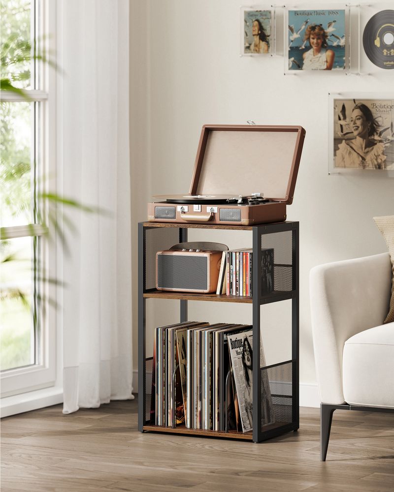 Vasagle 3-Tier Side Table Record Player Stand with Vinyl Record Storage, Holds Up to 100 Albums, Rustic Brown & Black
