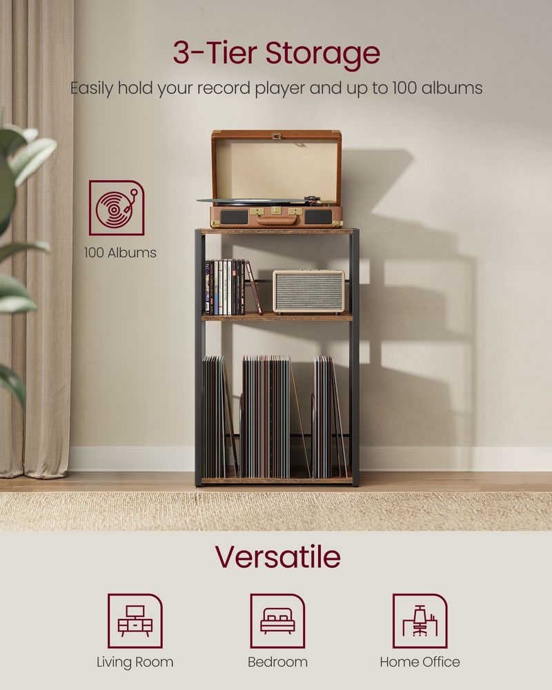 Vasagle 3-Tier Side Table Record Player Stand with Vinyl Record Storage, Holds Up to 100 Albums, Rustic Brown & Black