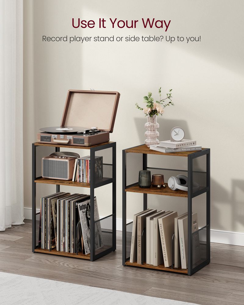Vasagle 3-Tier Side Table Record Player Stand with Vinyl Record Storage, Holds Up to 100 Albums, Rustic Brown & Black
