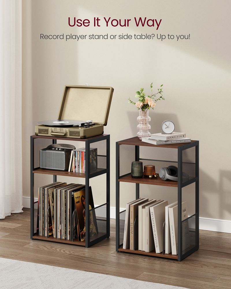VASAGLE 3-Tier Record Player Stand & Side Table – Vinyl Storage for Up to 100 Albums