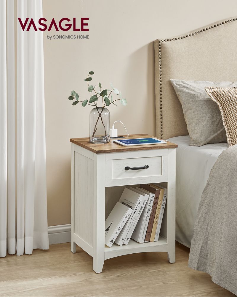 VASAGLE Farmhouse Nightstand with Charging Station, End Table with Drawer and Open Storage, Rustic White & Honey Brown
