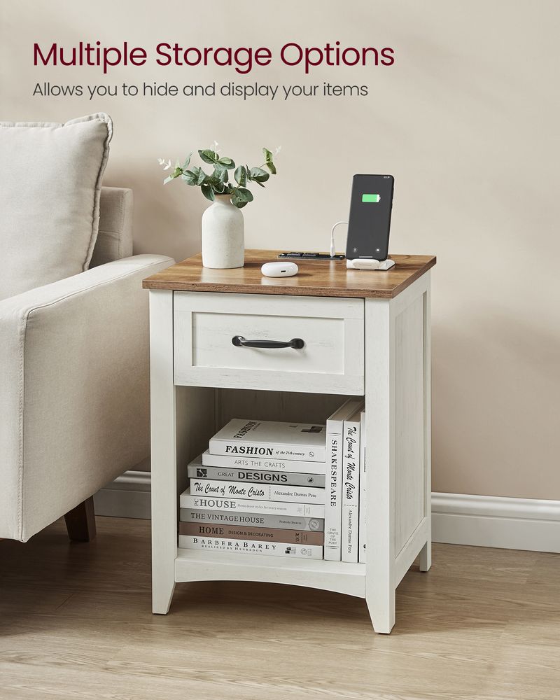 VASAGLE Farmhouse Nightstand with Charging Station, End Table with Drawer and Open Storage, Rustic White & Honey Brown