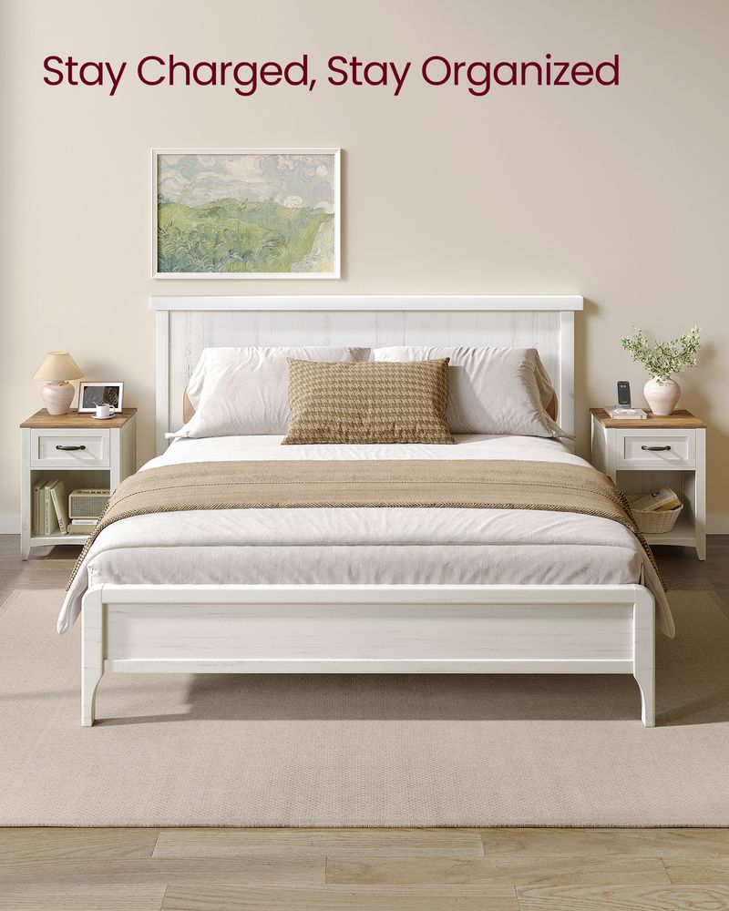 VASAGLE Farmhouse Nightstand with Charging Station, End Table with Drawer and Open Storage, Rustic White & Honey Brown