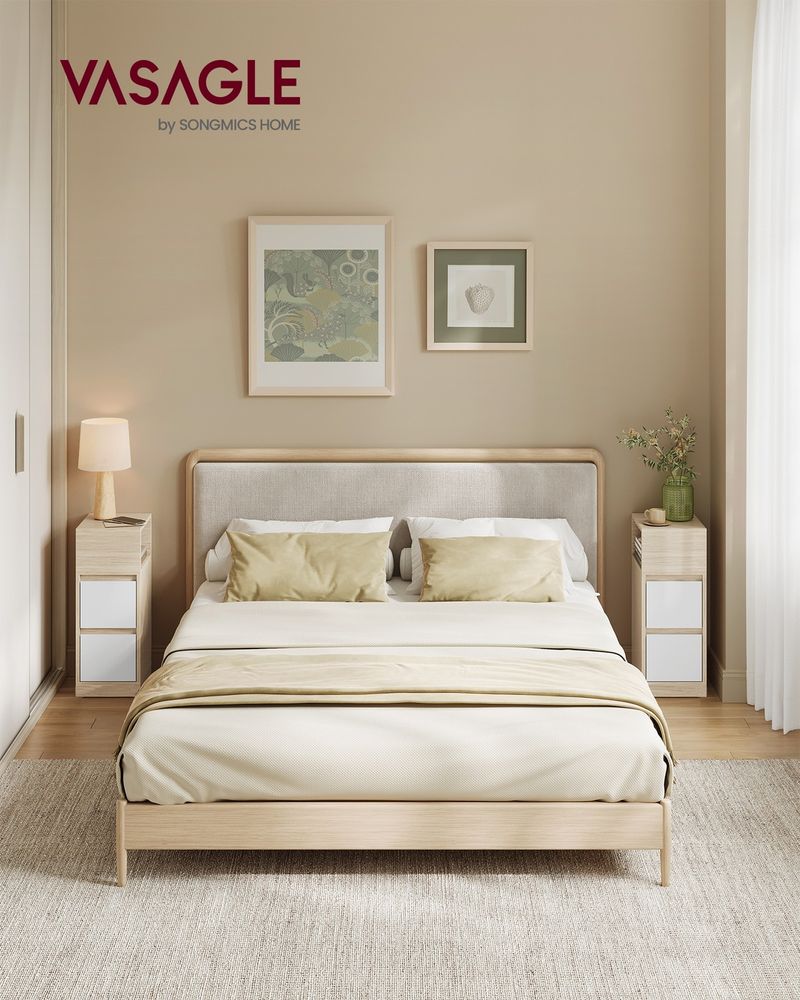 VASAGLE KAILYN Collection Set of 2 Slim Nightstands with Drawers and Open Storage – Natural Beige & White