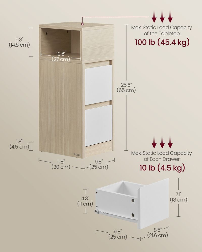 VASAGLE KAILYN Collection Set of 2 Slim Nightstands with Drawers and Open Storage – Natural Beige & White