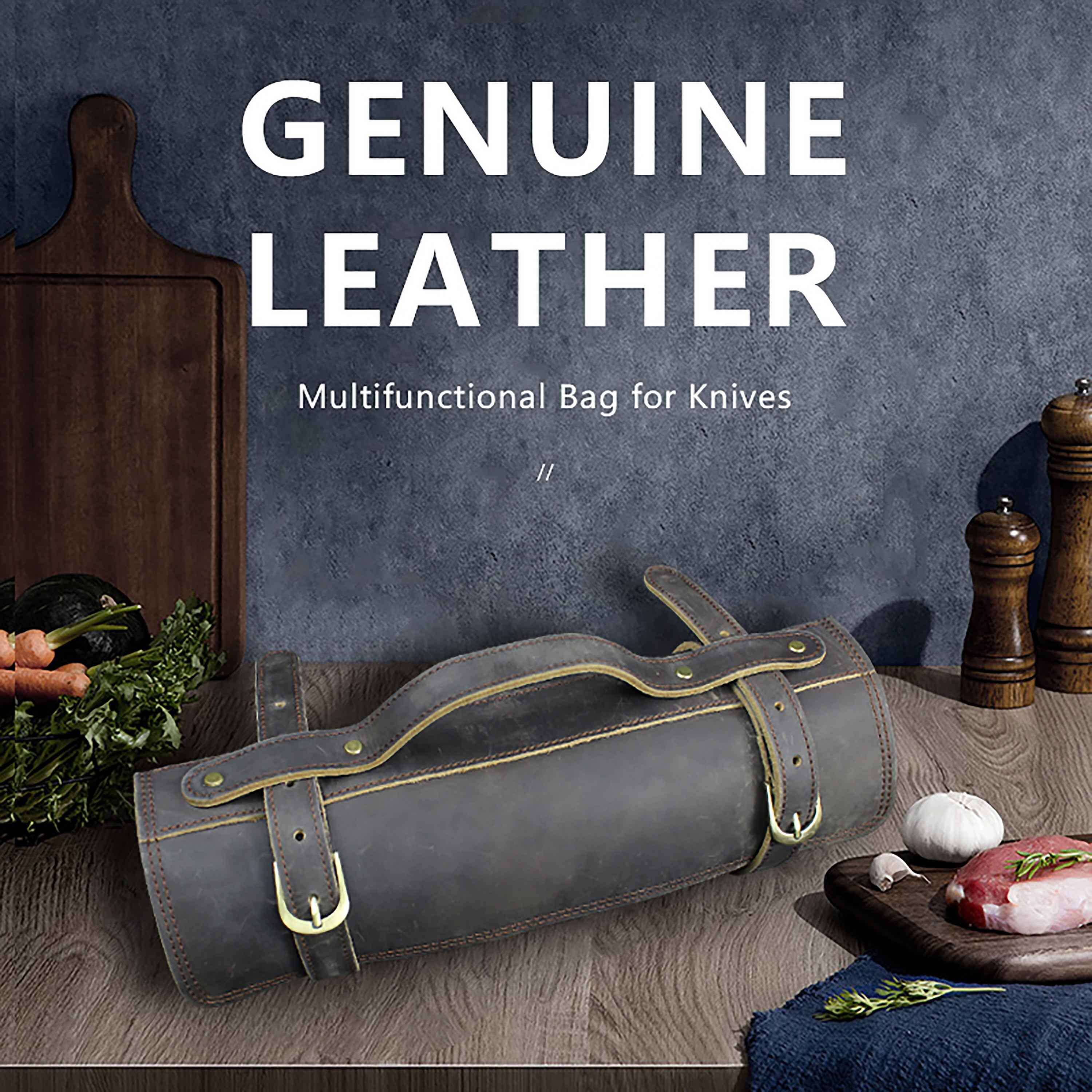 Ginza Steel Full Grain leather knife role Rustic Brown 