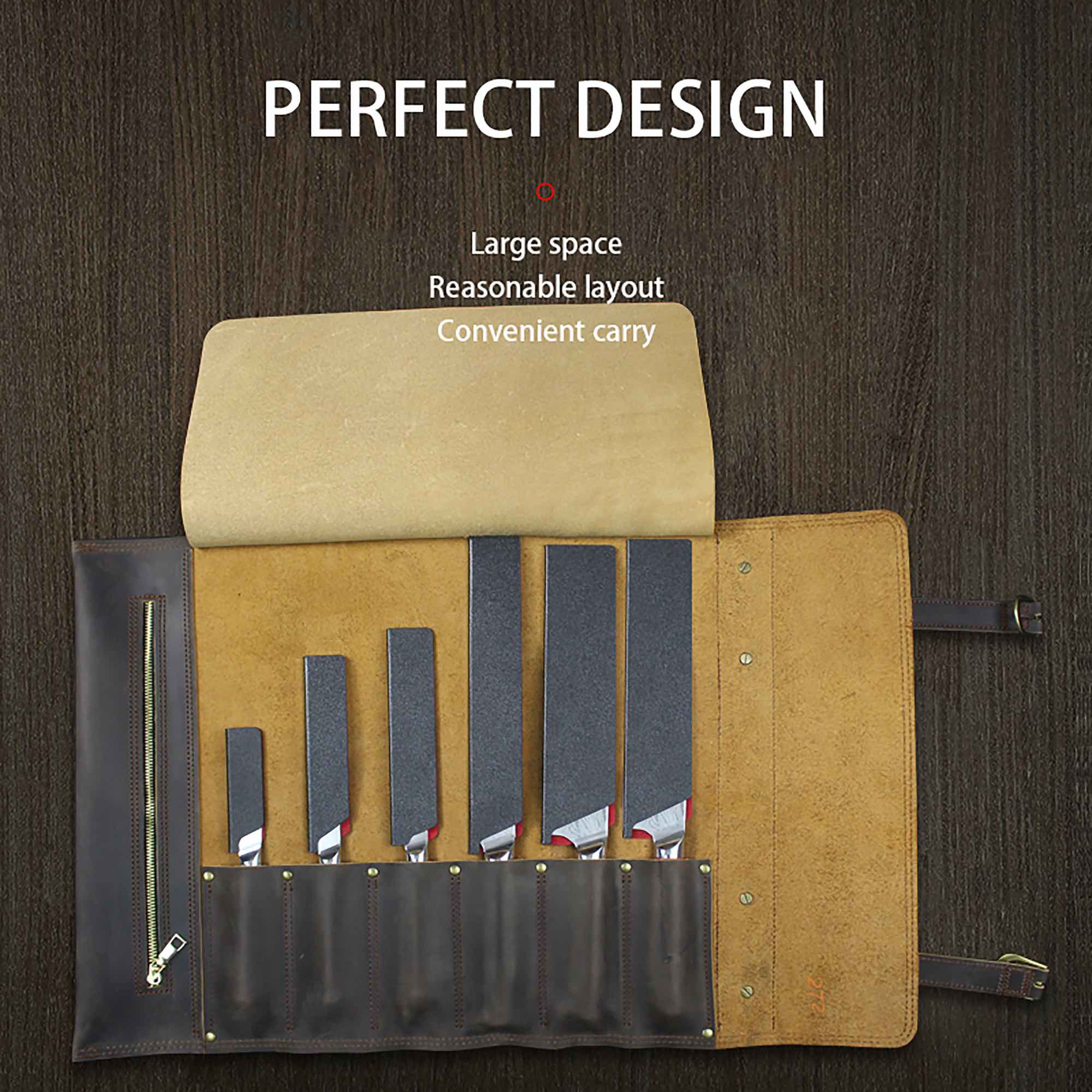 Ginza Steel Full Grain leather knife role Rustic Brown 