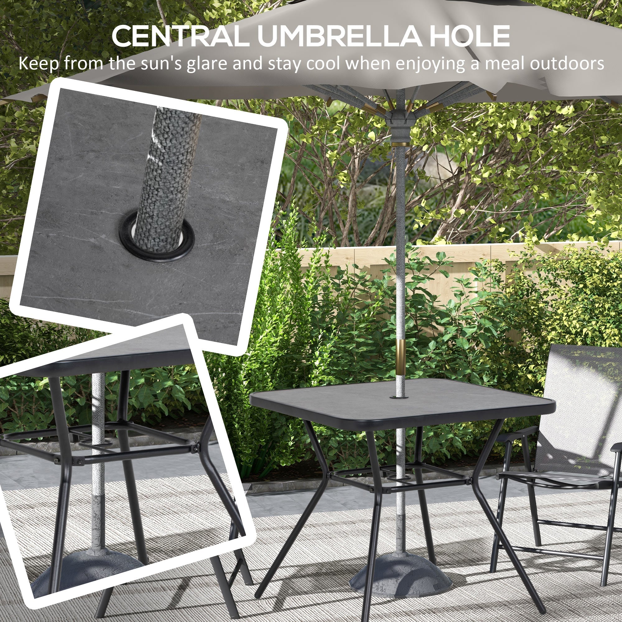 Outsunny Square Outdoor Table, Patio Bistro Coffee Table with Faux-marbled Top and 42mm Umbrella Hole for Garden, Dark Grey 