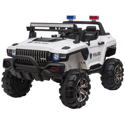 Aosom 12V Kids Police Truck Ride-On Car RC 2-Seater with LED Lights MP3 Parental Remote Control White 