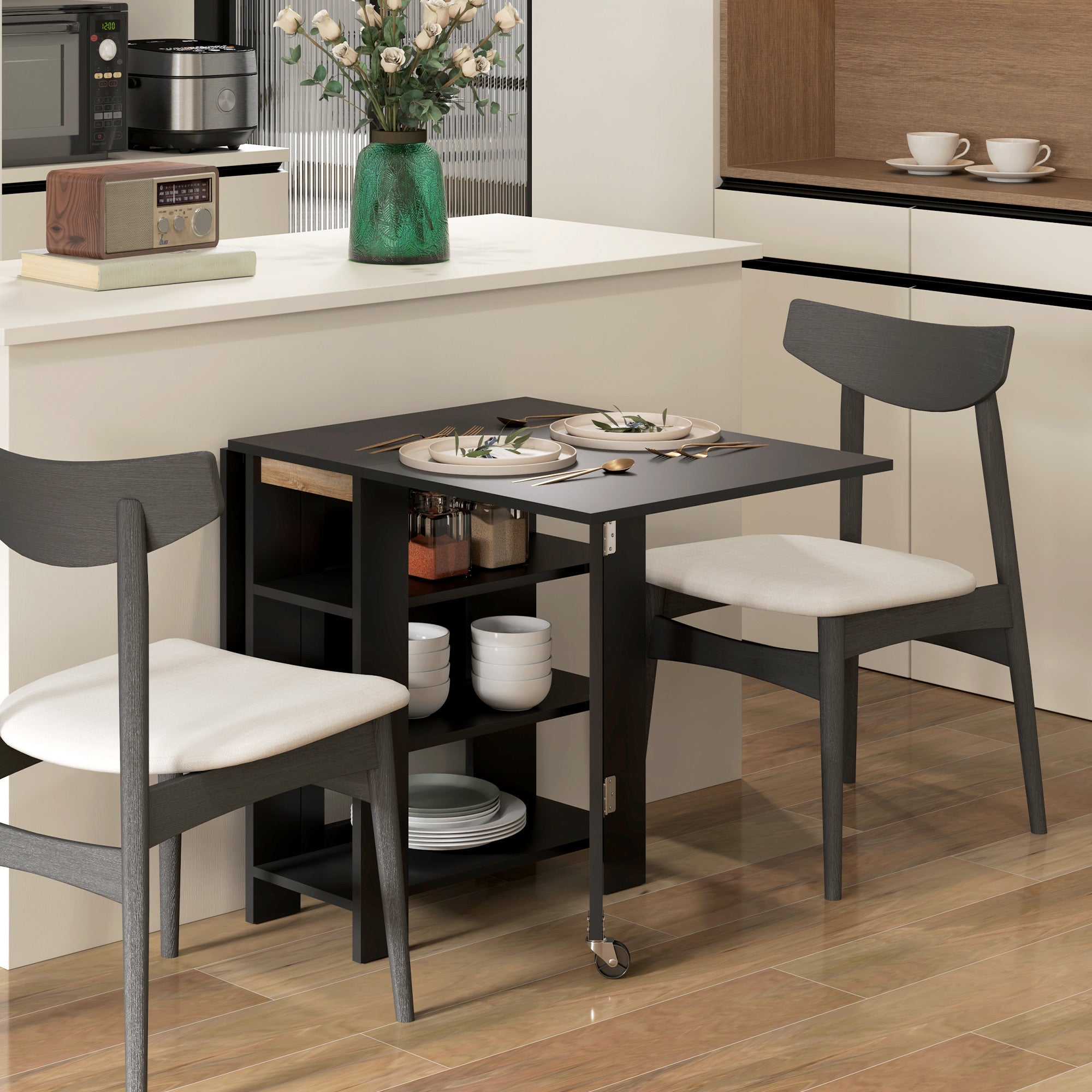 HOMCOM Drop Leaf Dining Table Folding Kitchen Table with Storage for Small Spaces Black Versatile Design 