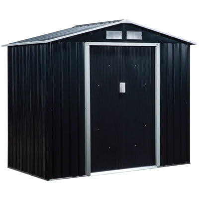 Outsunny Metal Garden Shed 7' x 4' x 6' Outdoor Storage with Foundation Double Doors Dark Grey 