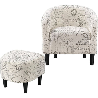 Letter Print French Upholstered Barrel Chair and Ottoman Set - Free Shipping 