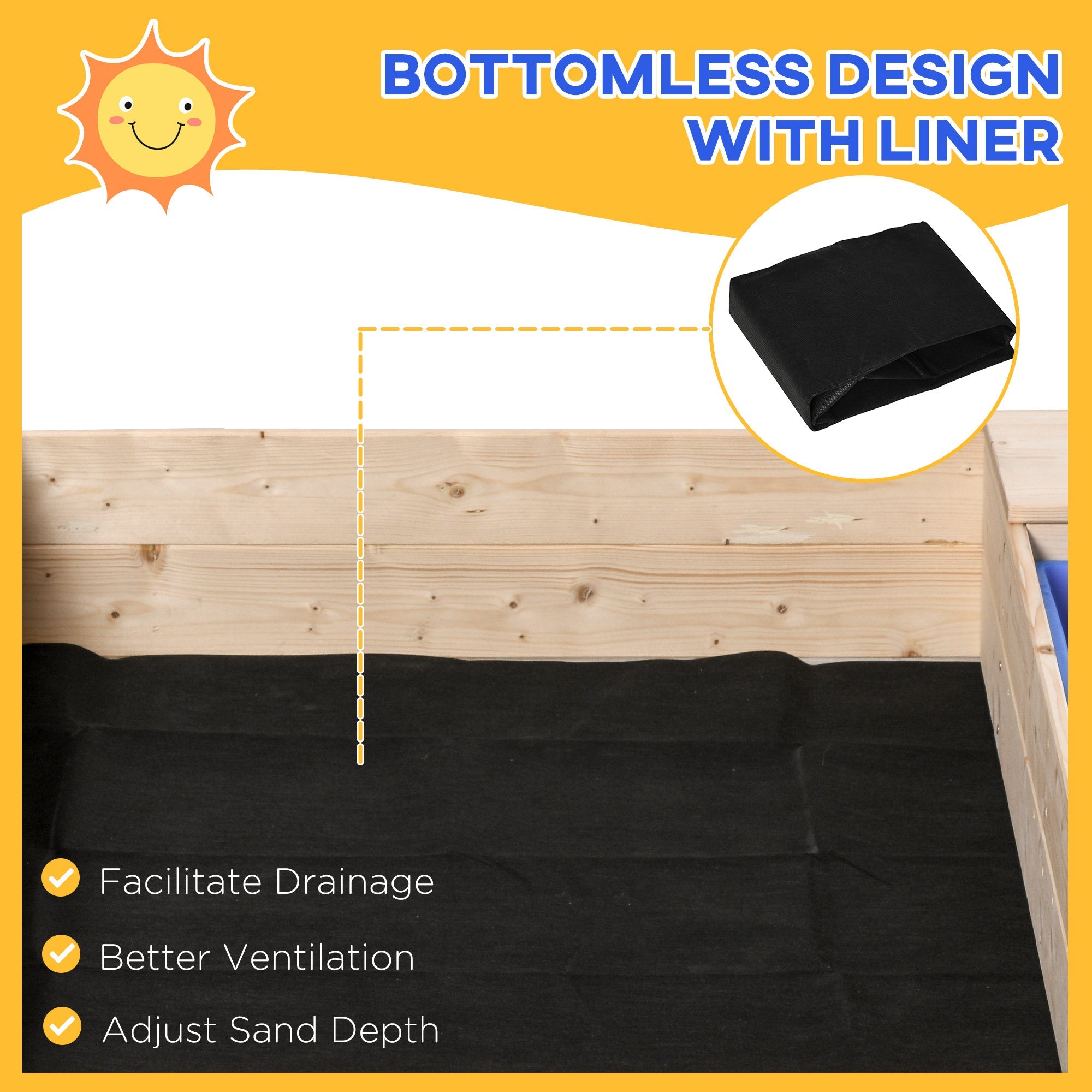 Outsunny Wooden Kids Sandbox with Foldable Bench Seat, 2 Plastic Boxes, Bottom Liner, Storage Space for Garden, Backyard 