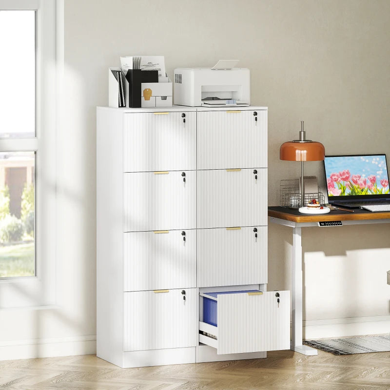 Lockable Filing Cabinet with 4 Fluted Drawers, File Cabinet with Adjustable Hanging Rails for A4 Letter Files, White