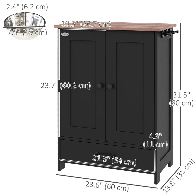 Pet Food Storage Container Dog Feeding Station w/ Adjustable Panel, Hooks, for Medium Sized Dogs, Black