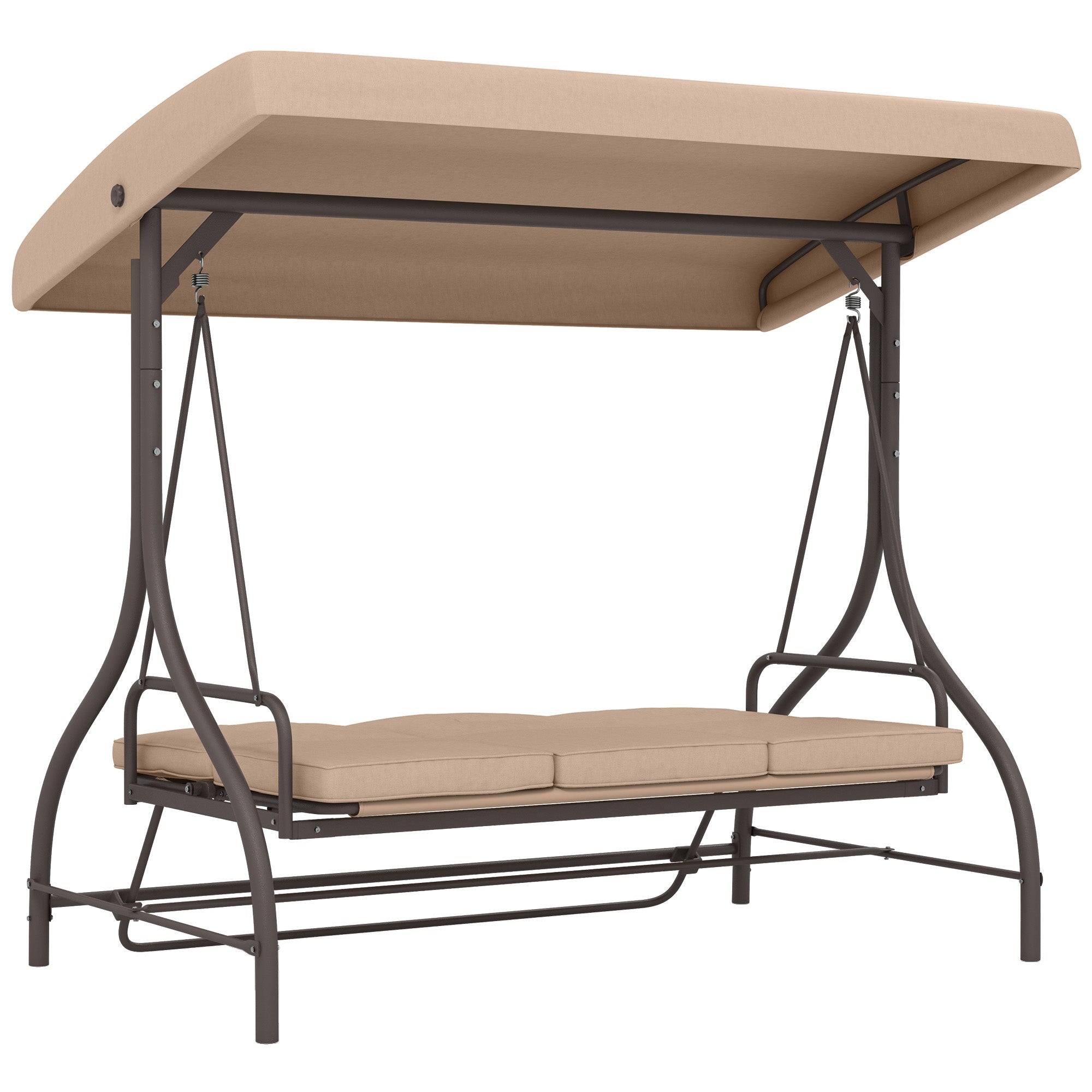 Outsunny Convertible Patio Swing Bed with Canopy and Cushions, 3 Seater Porch Swing for Outdoor, Backyard, Garden, Khaki 