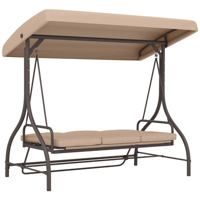 Outsunny Convertible Patio Swing Bed with Canopy and Cushions, 3 Seater Porch Swing for Outdoor, Backyard, Garden, Khaki 