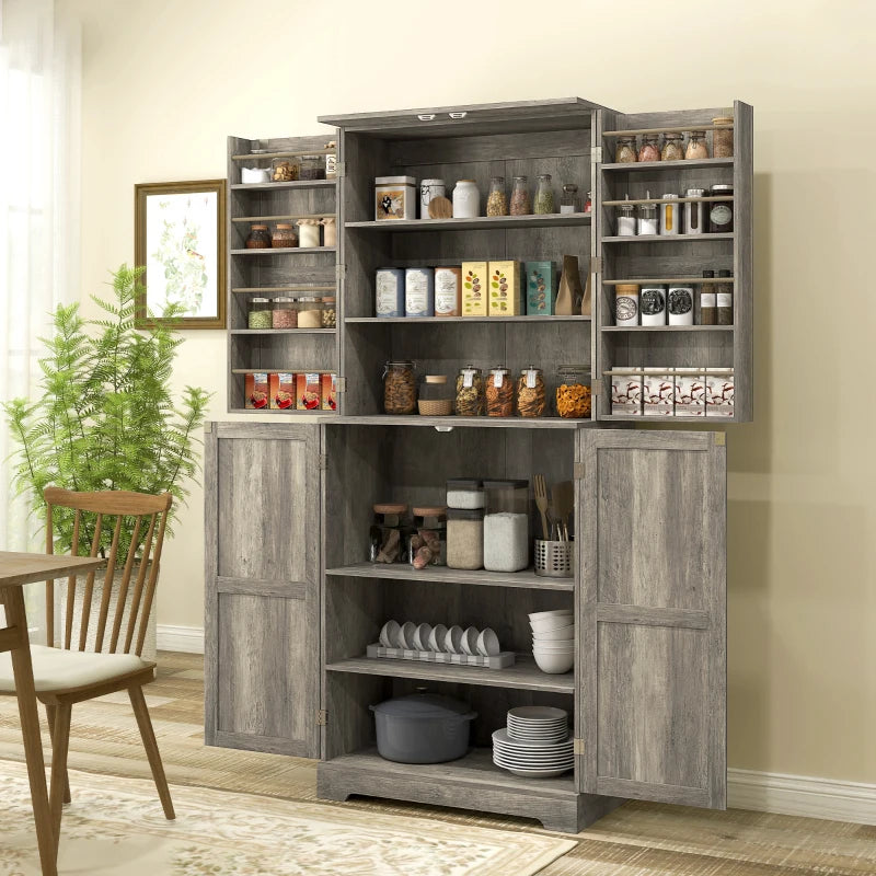 Farmhouse Kitchen Pantry Cabinet, Kitchen Cabinet with Barn Doors, Adjustable Shelves and Door Racks, Distressed Grey