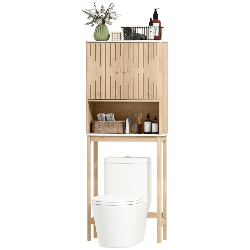 Over The Toilet Storage Cabinet with Adjustable Shelf, Open Shelf and Adjustable Bottom Bar, Oak