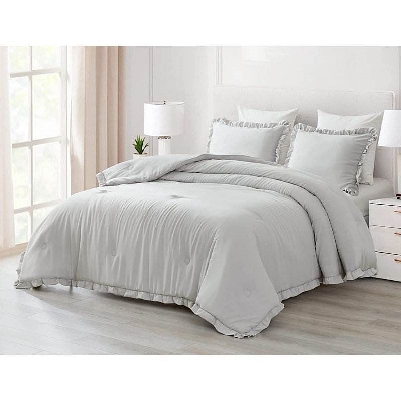 King Oversized Grey Ruffled Edge Microfiber Comforter Set - Free Shipping 