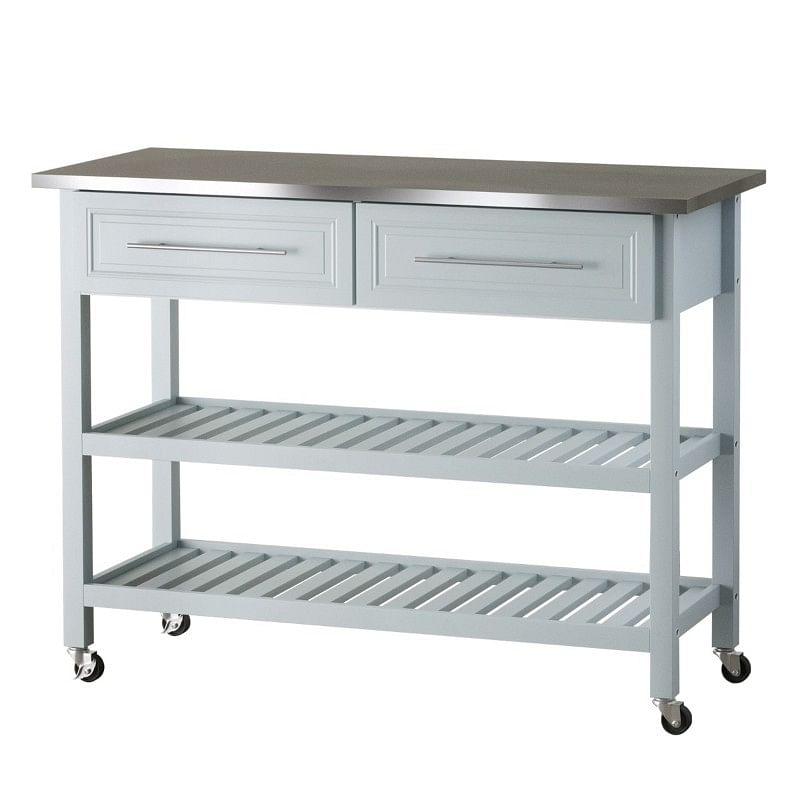 Light Gray Rolling Kitchen Island 2 Drawers Storage with Stainless Steel Top - Free Shipping