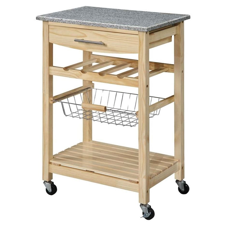 Natural Wood Finish Kitchen Island Cart with Granite Top - Free Shipping