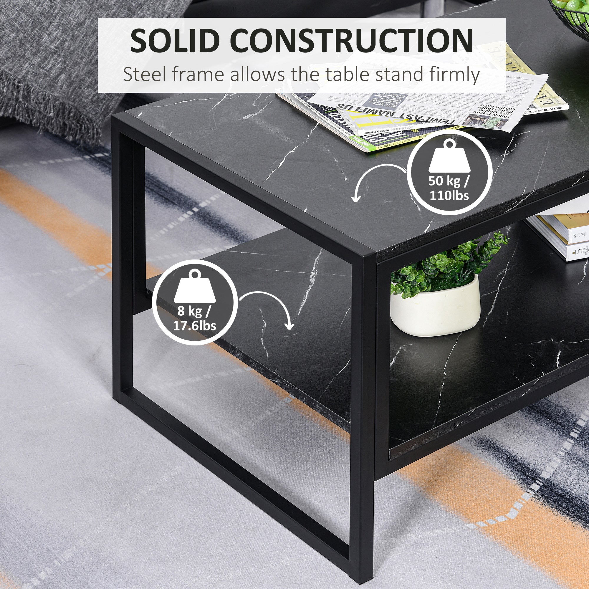 HOMCOM Black 2-Tier Coffee Table: Cocktail Table with Marble Textured Top, Storage Shelf for Living Room, Bedroom, Dorm 