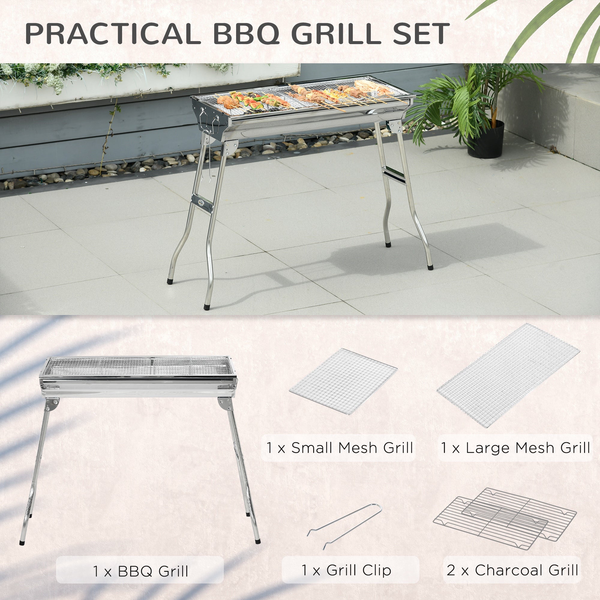 Outsunny Charcoal Grill Stainless Steel 37.8" x 13.4" Portable BBQ with Handles Tongs Cooking Camping Picnic Silver 