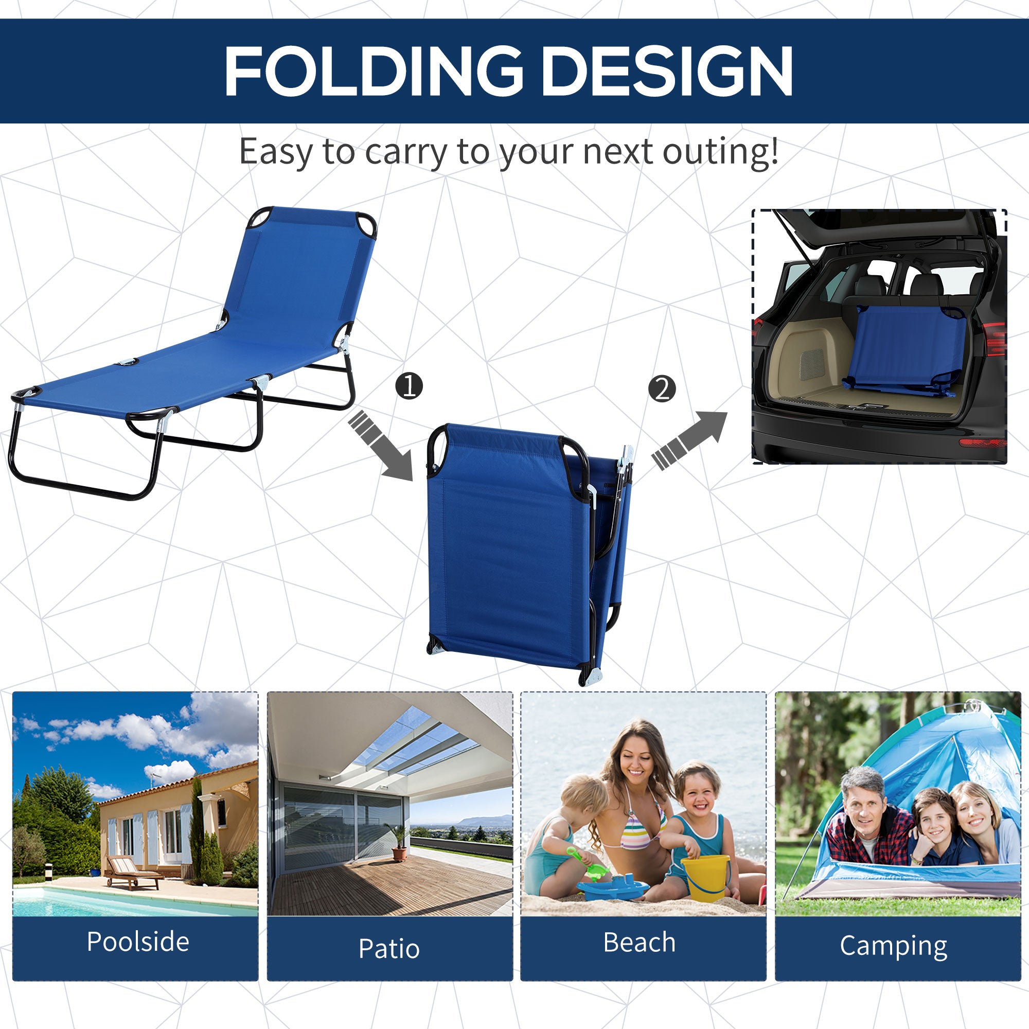Outsunny Garden Chaise Lounge Adjustable Outdoor Camping Beach Bed with Sun Shade Portable Comfort Blue 