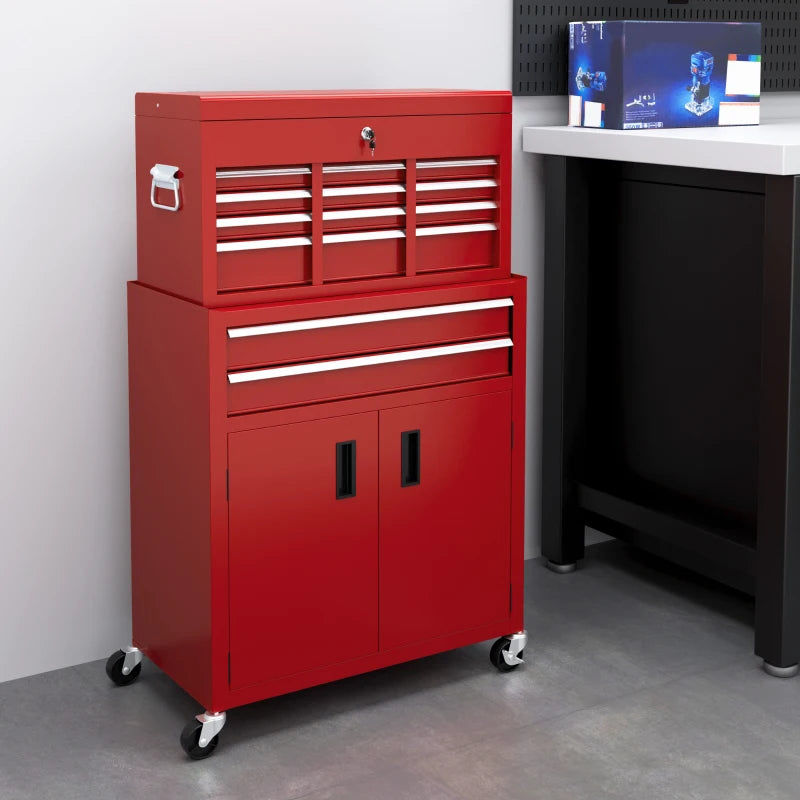 6-Drawer Rolling Tool Chest, 2 in 1 Lockable Storage Cabinet with Hooks, Metal Tool Box for Garage, Workshop, Red